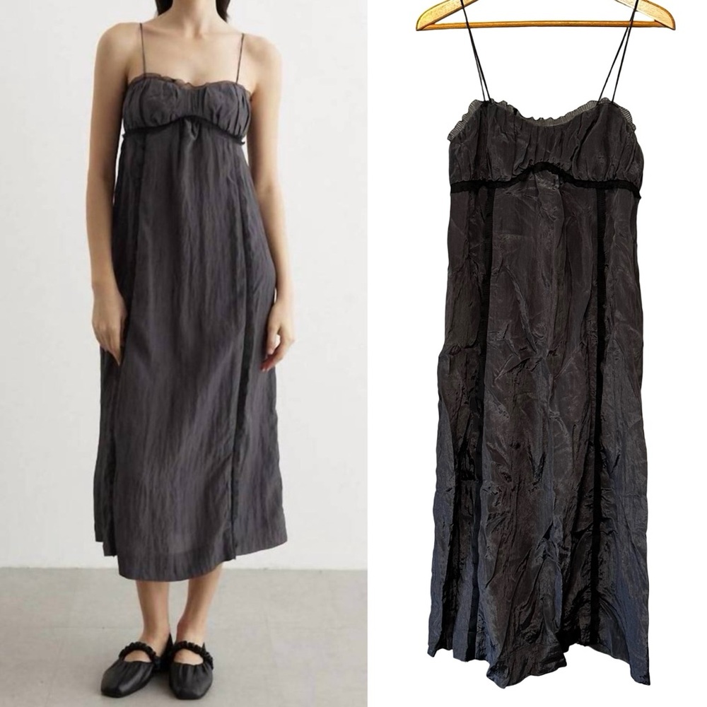 Ganni Shiny Tech Strap Midi Dress Size 8/10 Large Gray Whimsigoth Fairy Crinkle